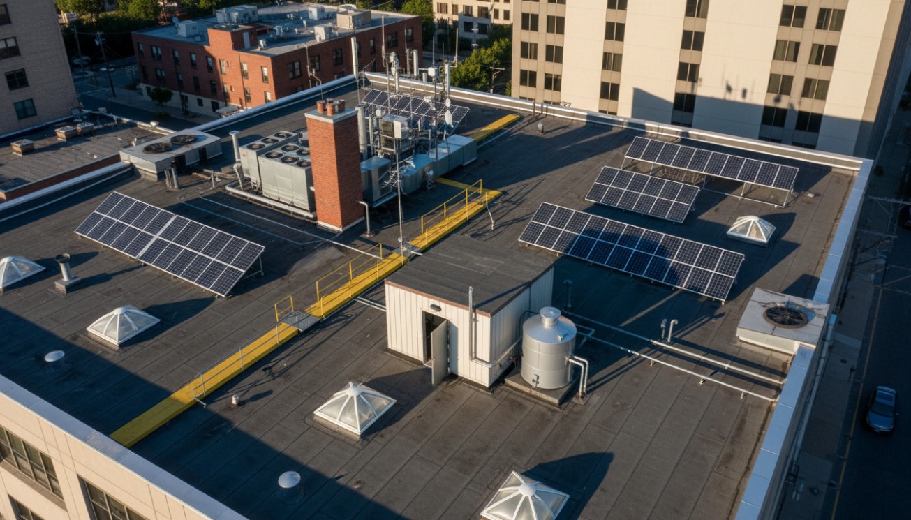 Commercial flat plate solar collector roof layout with rooftop equipment, service walkways, storage tank, and distributed collector arrays